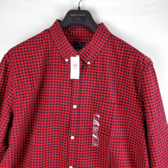Gap Shirt Button Down Mens XXL Slim Red Black Plaid Long Sleeve Work Preppy Top - Picture 3 of 15